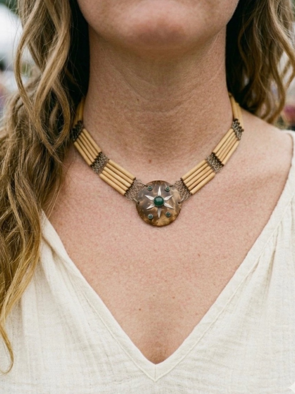 Vintage 70s Brutalist Artisan Statement Necklace - Handcrafted Coconut Shell, Ba